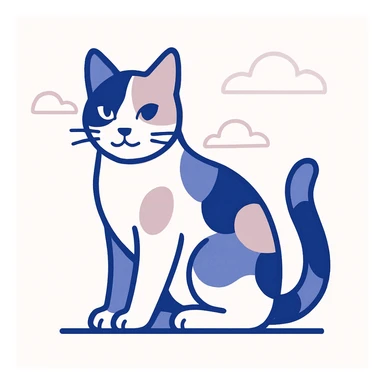 a three colour cat with calico pattern, sitting, cute, simple style, white background sticker