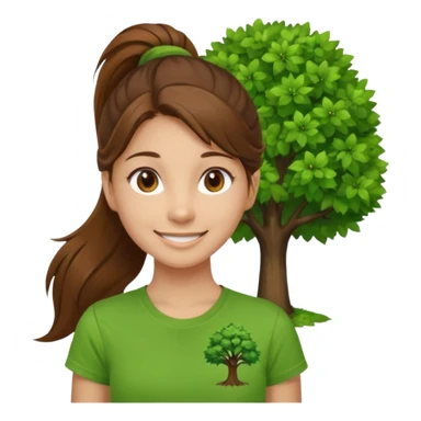 Make a zumba coach emoji, brown eyes, brown hair girl, long ponytail,green t shirt with a tree logo on It sticker