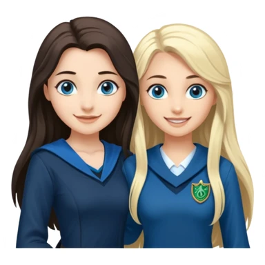 a pretty ravenclaw girl with long dark brown hair and blue eyes standing with a hot Slytherin girl with long blonde hair, blue eyes and big boobs  sticker