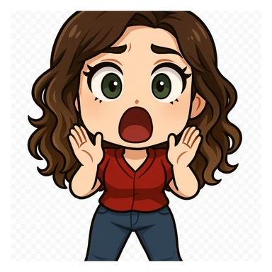 chibi emote of the woman from the reference images, wearing a red blouse and jeans, surprised/shocked, no headband, no wand, transparent background sticker