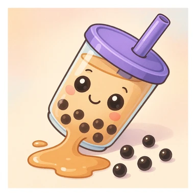 boba tea cup lying sideways, tea and pearls spilling out, cute and expressive sticker