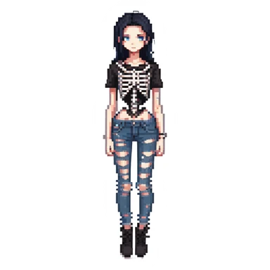 black-haired, blue-eyed person wearing a black skeleton top and ripped black jeans sticker