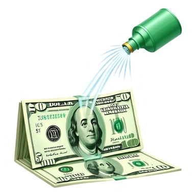 Sprinkler system shooting out streams of dollar bills, instead of water, clearly showing financial benefit sticker