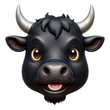Cinematic Comical Black Bull Portrait Emoji, Head tilted dramatically with an exaggeratedly amused expression, featuring a striking, glossy black hide with a bold natural sheen, wide, expressive dark eyes filled with playful disbelief, Simplified yet hilariously expressive features, highly detailed, glowing with a slightly sassy glow, high shine, dramatic yet playful, stylized with an air of cheeky mischief, bright and endearing, soft glowing outline, capturing the essence of a spirited and over-the-top bull, so meme-worthy it feels like it could charge its way into internet fame instantly! sticker