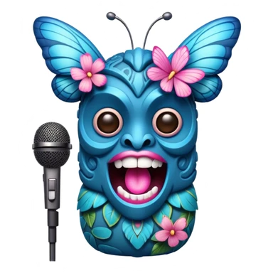 Pixar style little Cartoon Blue and pink tiki singing with a butterfly and in the microphone, ultra detailed and lifelike imagery sticker