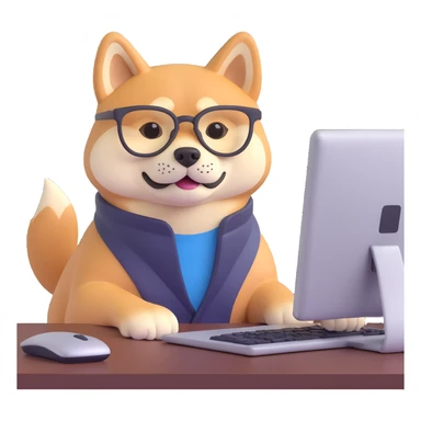 shiba inu with eye glasses and computer sticker
