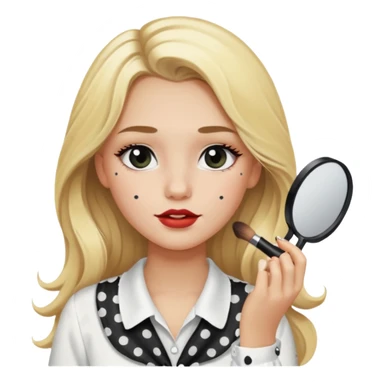 niña rubia con pelo largo y blusa blanca con lunares y maquillandose sticker