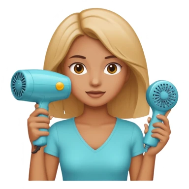 chica en la peluquería con secador de pelo en mano, fondo con productos de belleza, estilo emoji apple sticker