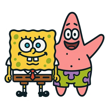 Spongebob and Patrick as color outline icons, black outlines with flat color fill, minimal detail, no text sticker