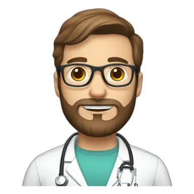 white doctor with short brown hair, big forehead, glasses and beard sticker