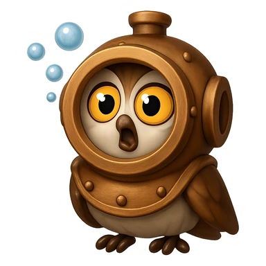 В стилистике эмоджи сгенерируй сову, которая удивленная в старом медном акваланге, их рта идут пузырьки, прозрачный фон sticker
