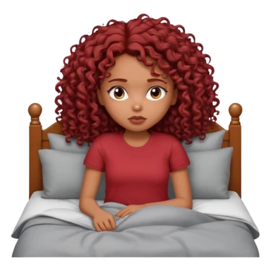 generate a pretty bratz brown skinned girl curly dark red hair, tired in bed in a grey tshirt bored. sticker