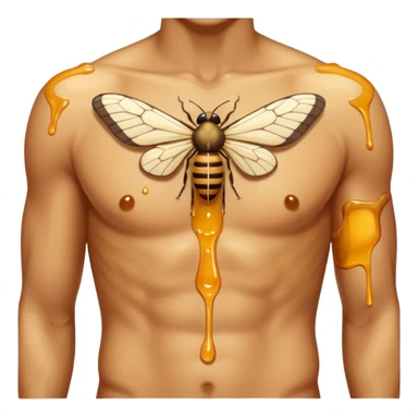 close up male torso with honey gloss drip nd moths nearby sticker