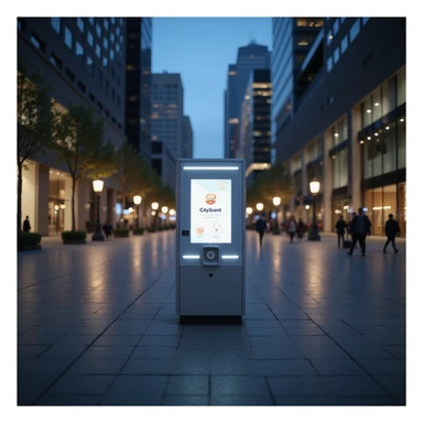 realistic depiction of the CityScent air freshener machine in the middle of a city square at nightfall, city lights reflecting on the pavement, modern architecture, no people, focus on the machine sticker