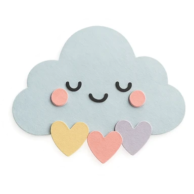 cute puffy cloud holding tiny pastel hearts, soft pastel palette, no arms or legs, full body, paper craft style sticker
