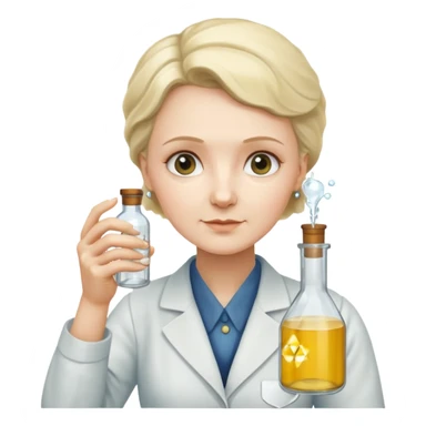 Marie Curie hold experimental bottle sticker