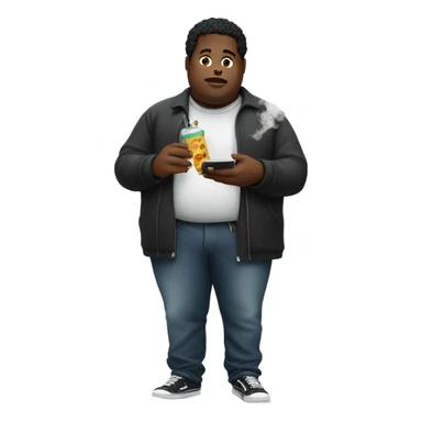 Fat Black guy smoking a vape and eating sticker