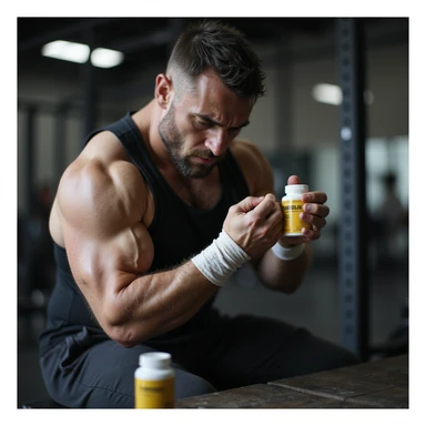 Powerlifter in gym, wrapping painful wrist, discomfort expression, bottle of Stanozololo in background, realistic details, fatigue atmosphere, weight room background sticker