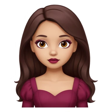 a light skin girl with long brunette hair. with dark brown eyes and slightly slanted. wear a doll like make-up with maroon dress.  sticker