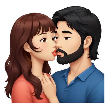 handsome asian man with black hair and beard, kissing cute tan skin woman with long wavy reddish brown hair with bangs and coral lipstick sticker