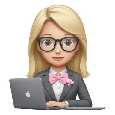 Please take the girl with laptop emoji and make her glassess light brown and her nose a bit smaller and pointier and she has blonde long hair and a dark grey suit and pearls, and has a laptop in fron of her and a tiny pink bow in her hair sticker