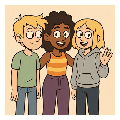 A boy dark yellow hair light green t-shirt white lightfo blue jeans girl brown skin black hair hairstyle curly hair yellow orange stripes top purple trousers girl yellow hair light grey hoodie dark blue jeans a hand hello  sticker