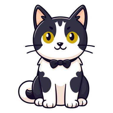 Female Tuxedo domestic short hair, more white than black similar to a cow, green/gold eyes sticker