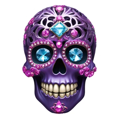 Realistic isolated metallic ornate dark purple,magenta,light blue,and hot pink filigree skull decorated with shiny diamonds and rhinestones.  sticker