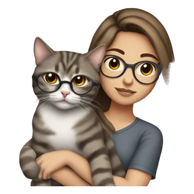gurl brown hair with glasses holding a grey tabby cat sticker