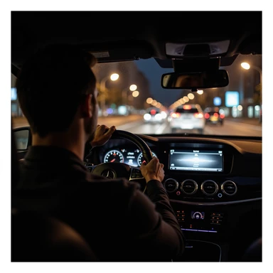 Mercedes E63 2024, driver's perspective from inside, left hand on wheel, night, Bucharest city lights, motion blur, city traffic ahead, photorealistic sticker
