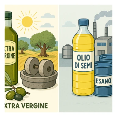 side-by-side illustration: left side with a green 'Extra Vergine' oil bottle, olives, stone olive mill, sunny fields; right side with a 'Olio di semi' bottle, factory, chemical barrels labeled 'Esano'; clear, educational, colorful style sticker