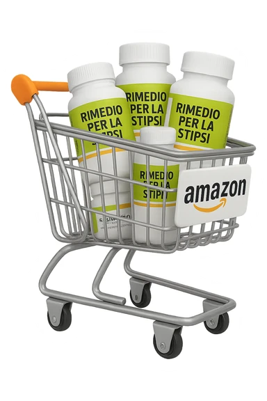 emoji stile iphone di un carrello per la spesa con l'icona di amazon stampata sopra, dentro al carretto ci sono varie boccette di integratori con la scritta "RIMEDIO PER LA STIPSI", iperrealistico 4k sticker