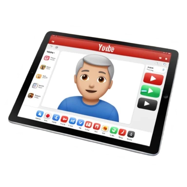 An iPad lying on a desk. On the iPad screen, a YouTube video is playing. The video shows a man talking to camera. The YouTube interface is visible with play bar and title. sticker