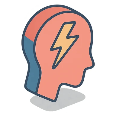 silhouette of a head with a lightning bolt passing through the temple area symbolizing headache, clear shadows and highlights, 2D isometric style sticker