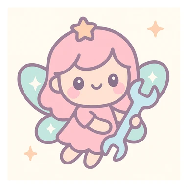 a cute pink fairy with sparkly wings, holding a wrench, kawaii style sticker