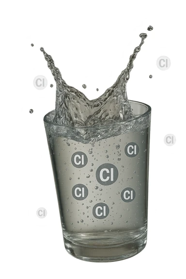 un bicchiere di acqua cade verticalmente dall'alto realistico e dettagliato, dentro l'acqua del bicchiere ci sono particelle di cloro ben visibili con la scritta "Cl" sopra, ci sono particelle anche che escono dal bicchiere e fluttuano in aria verticalmente, mentre alcune sono all'interno dell'acqua nel bicchiere, iperrealistico 4k sticker