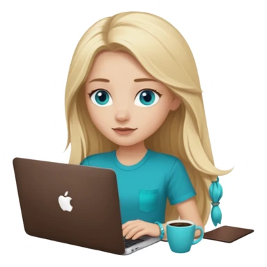 blonde long hair girl using macbook emoji. she has blue eyes and dark coffee shirt with Teal coloured accesory sticker