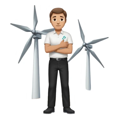 an older white man with brown hair and a white shirt and black pants hugging a wind turbine sticker