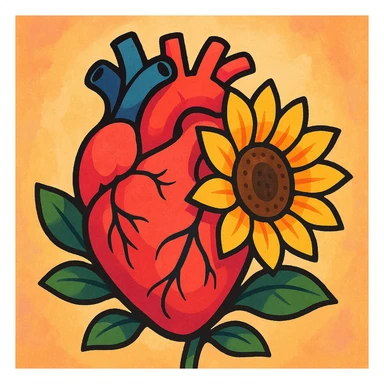 a human heart embraced by a blooming sunflower, soft painterly style sticker
