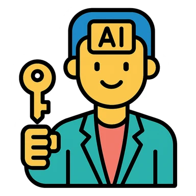 AI avatar for real estate, approachable, holding a house key, smart-casual outfit, clean background, vector style sticker