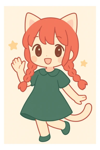 catgirl with bright red braided hair in twin braids, dark green dress, playful pose, anime style sticker