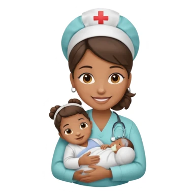 Female nurse smiling with a hair bun on top of head with medium brown skin and brown eyes holding one new born  sticker