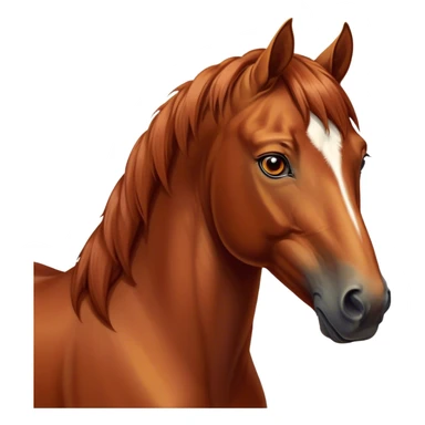 Cinematic Noble Chestnut Horse Portrait Emoji, Poised and regal, with a strong, athletic build and a lustrous, well-groomed chestnut fur, deep-set soulful amber eyes, Simplified yet sharp and sophisticated features, highly detailed, glowing with a warm, dignified glow, high shine, intelligent and majestic, stylized with an air of equine elegance, focused and attentive, soft glowing outline, capturing the essence of a watchful and confident steed, so majestic it feels as though it could gallop out of the screen with effortless authority! sticker