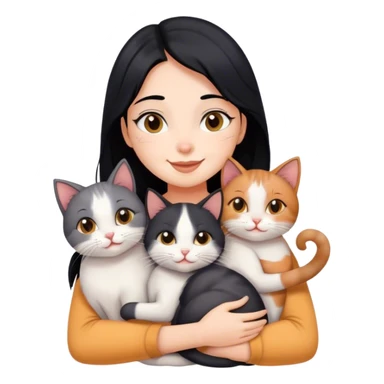 happy girl with black hair hugging three cats  (tricolour cat, gray cat, brown calico cat) sticker