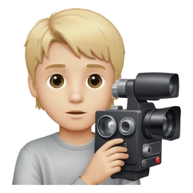 boy with medium blonde hair looking through a VHS camera sticker