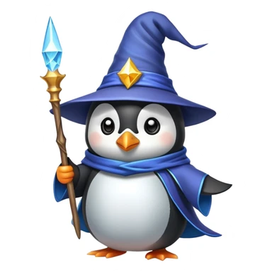 A cute penguin dressed as a wizard with a pointy hat and holding a magic wand sticker