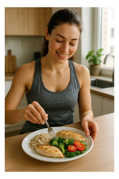 Donna che prepara un pasto equilibrato fit, con carboidrati, proteine e grassi dentro il piatto. Perfettamente equilibrato. Molto realistica sticker