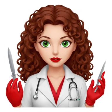 Lilith symbol seductress evil woman. She has green eyes.  had brown long curly hair.  evil surgeon kills with scalpel wears red sexy doctor coat with red mouth cover red gloves sticker