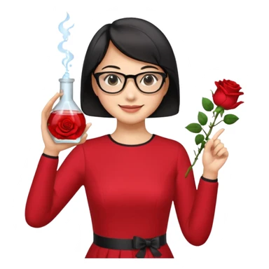 female asian chemistry teacher wearing glasses holdin a flask pointing right with straight short hair to her shoulders wearing a red dress with roses on it and black hair and make the glasses more retangle and make her hold a flash with one hand and with the other point right and make her smile sticker