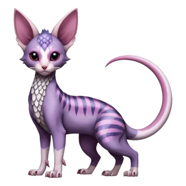 Furry, scaly, Purple, white, black, Minccino-Sphynx-Lykoi-Linoone-Zangoose-fusion-hybrid-animal-Fakémon-creature, full body, thin long sleek scaly tail, intricate markings sticker